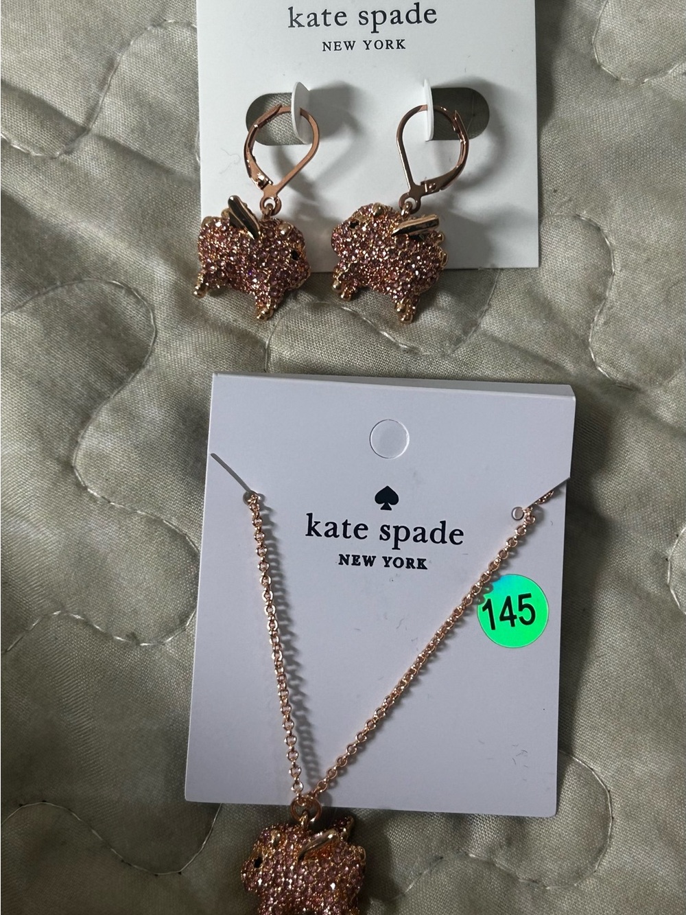 kate spade Rose Gold Glitter Bunny Necklace and Earrings Set